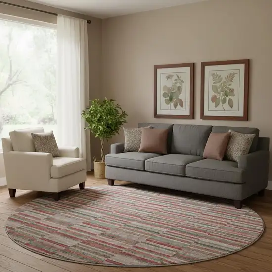 8' Red Beige And Copper Striped Washable Round Rug With UV Protection Photo 1