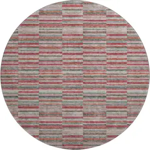 Photo of 8' Red Beige And Copper Striped Washable Round Rug With UV Protection