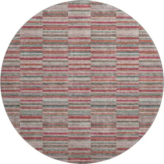 8' Red Beige And Copper Striped Washable Round Rug With UV Protection Photo 1