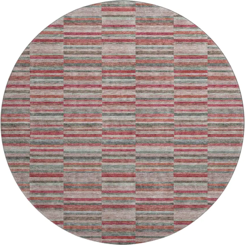 8' Red Beige And Copper Striped Washable Round Rug With UV Protection Photo 1