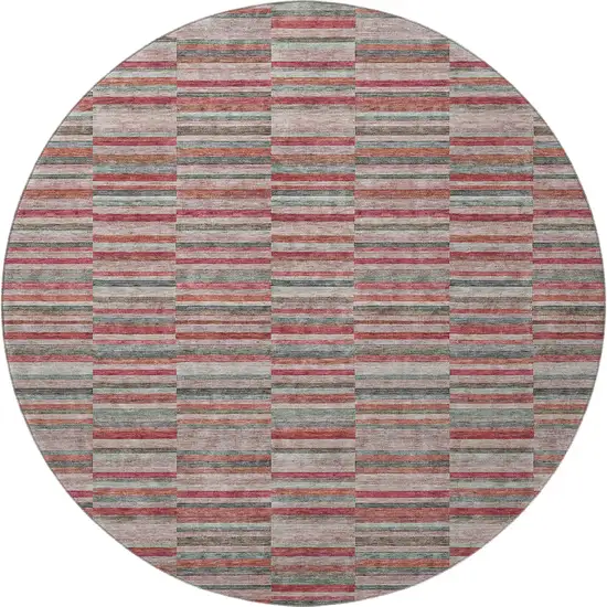 8' Red Beige And Copper Striped Washable Round Rug With UV Protection Photo 4
