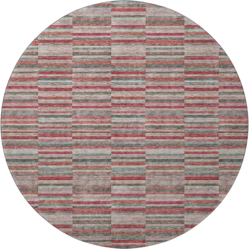 8' Red Beige And Copper Striped Washable Round Rug With UV Protection Photo 4