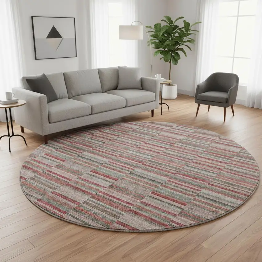 8' Red Beige And Copper Striped Washable Round Rug With UV Protection Photo 2