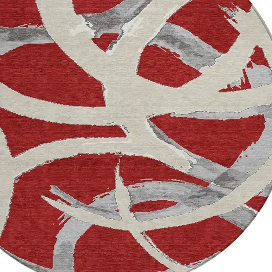 8' Red Beige And Gray Round Abstract Washable Indoor Outdoor Area Rug Photo 4