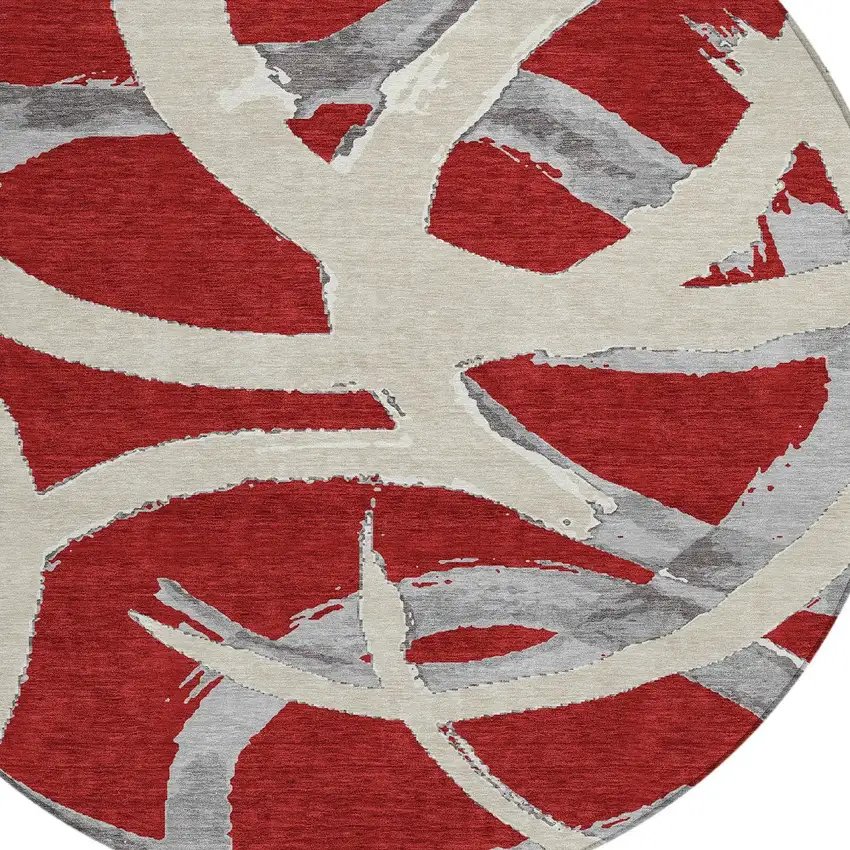 8' Red Beige And Gray Round Abstract Washable Indoor Outdoor Area Rug Photo 4