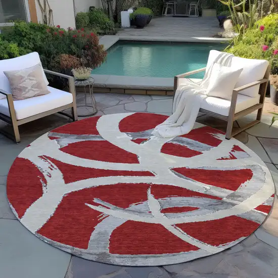 8' Red Beige And Gray Round Abstract Washable Indoor Outdoor Area Rug Photo 7