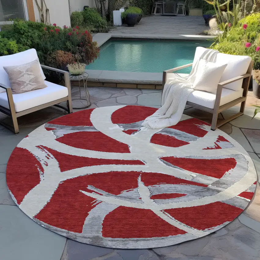 8' Red Beige And Gray Round Abstract Washable Indoor Outdoor Area Rug Photo 7