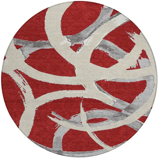 8' Red Beige And Gray Round Abstract Washable Indoor Outdoor Area Rug Photo 2