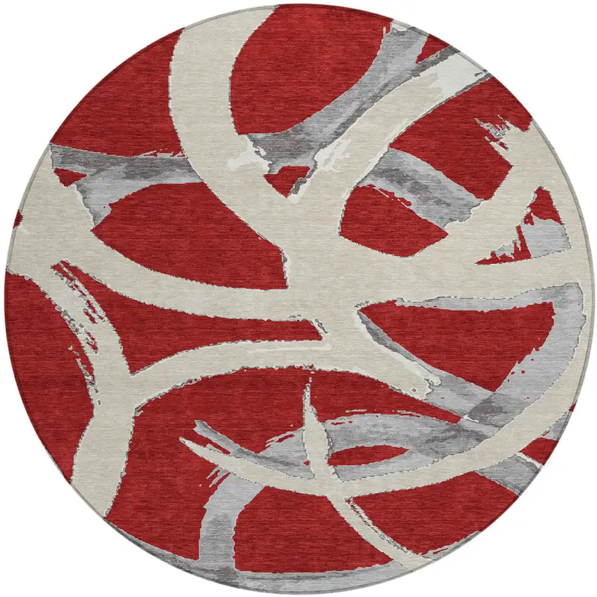 8' Red Beige And Gray Round Abstract Washable Indoor Outdoor Area Rug Photo 2