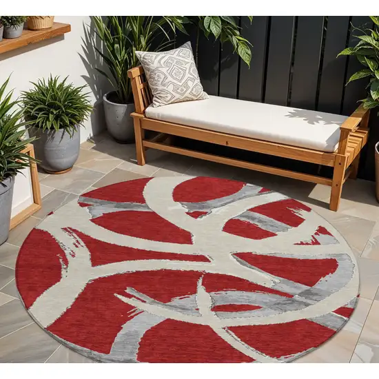 8' Red Beige And Gray Round Abstract Washable Indoor Outdoor Area Rug Photo 1