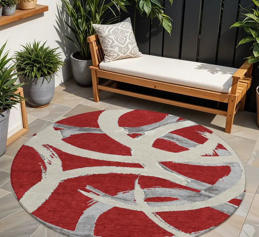 8' Red Beige And Gray Round Abstract Washable Indoor Outdoor Area Rug Photo 1