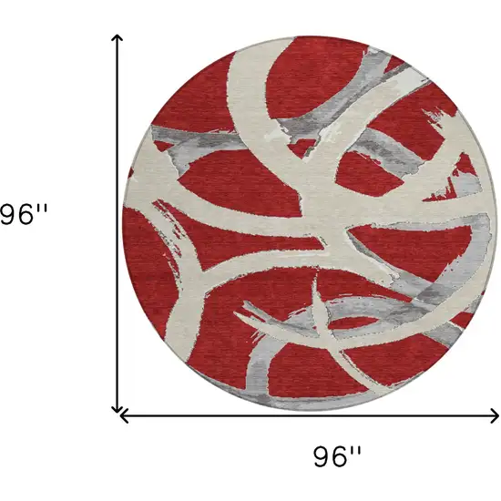 8' Red Beige And Gray Round Abstract Washable Indoor Outdoor Area Rug Photo 3