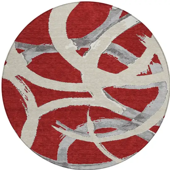 8' Red Beige And Gray Round Abstract Washable Indoor Outdoor Area Rug Photo 6
