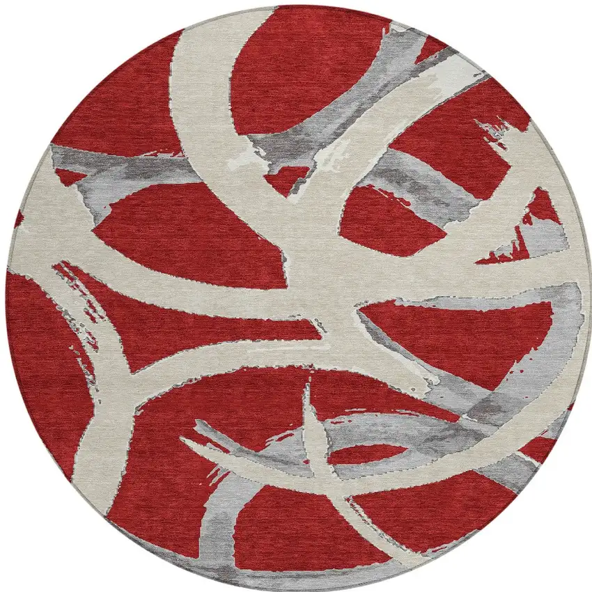 8' Red Beige And Gray Round Abstract Washable Indoor Outdoor Area Rug Photo 6