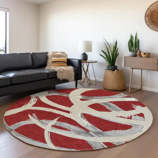 8' Red Beige And Gray Round Abstract Washable Indoor Outdoor Area Rug Photo 8