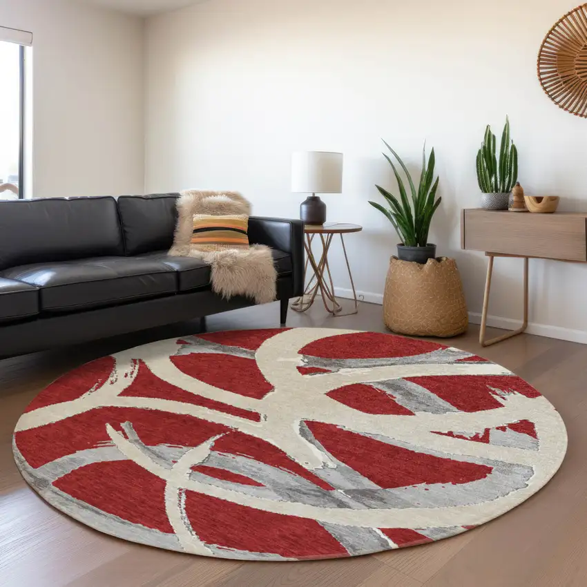8' Red Beige And Gray Round Abstract Washable Indoor Outdoor Area Rug Photo 8