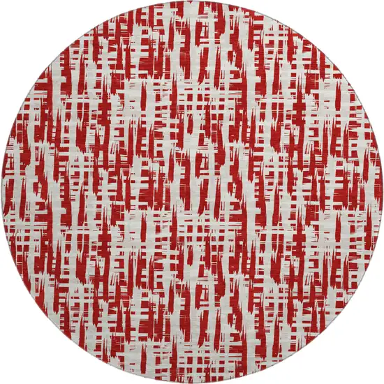 8' Red Beige And Ivory Abstract Geometric Washable Round Rug With UV Protection Photo 1