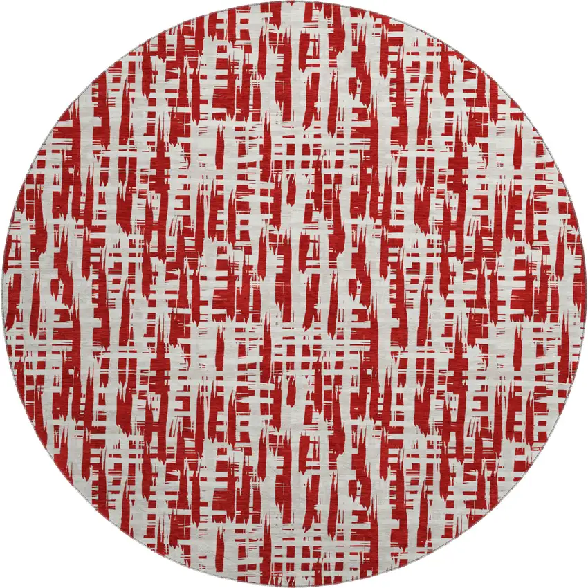 8' Red Beige And Ivory Abstract Geometric Washable Round Rug With UV Protection Photo 1