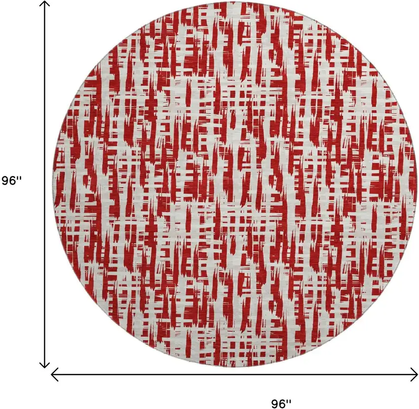 8' Red Beige And Ivory Abstract Geometric Washable Round Rug With UV Protection Photo 8