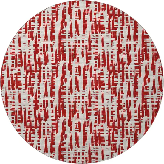 8' Red Beige And Ivory Abstract Geometric Washable Round Rug With UV Protection Photo 2
