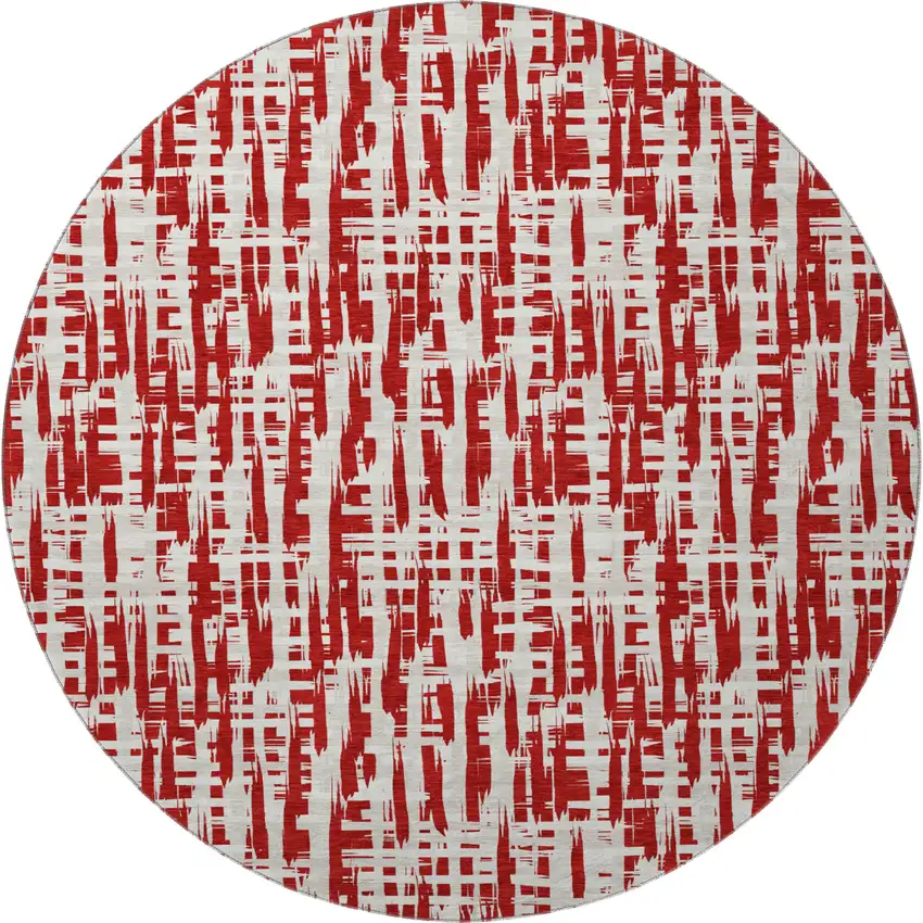 8' Red Beige And Ivory Abstract Geometric Washable Round Rug With UV Protection Photo 2