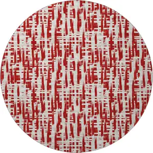 Photo of 8' Red Beige And Ivory Abstract Geometric Washable Round Rug With UV Protection