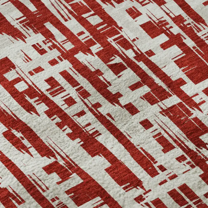 8' Red Beige And Ivory Abstract Geometric Washable Round Rug With UV Protection Photo 7