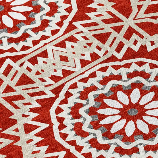 8' Red Beige And Ivory Round Floral Medallion Washable Indoor Outdoor Area Rug Photo 4