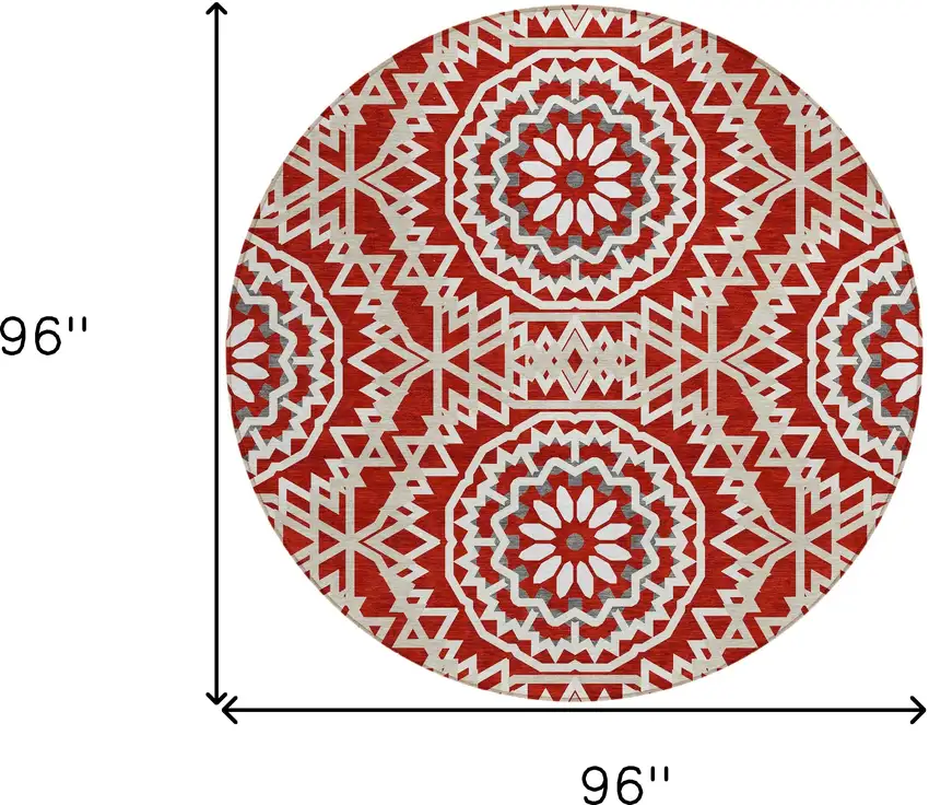8' Red Beige And Ivory Round Floral Medallion Washable Indoor Outdoor Area Rug Photo 3