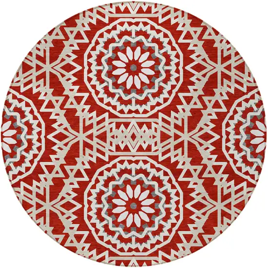8' Red Beige And Ivory Round Floral Medallion Washable Indoor Outdoor Area Rug Photo 5