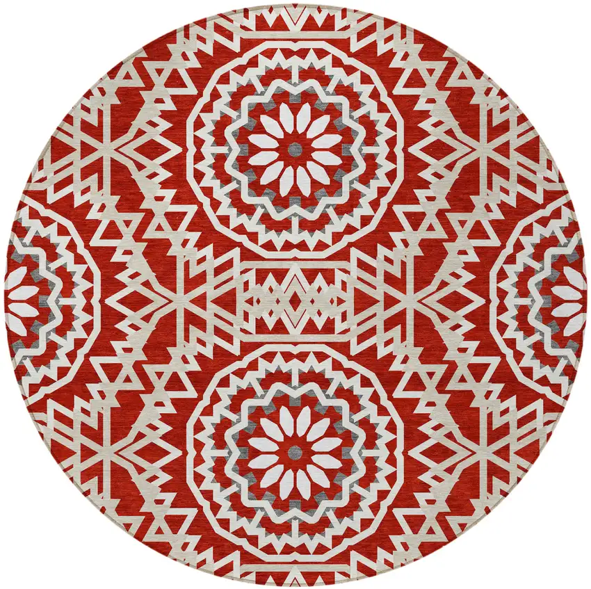 8' Red Beige And Ivory Round Floral Medallion Washable Indoor Outdoor Area Rug Photo 5