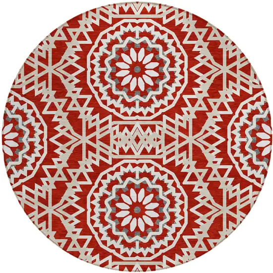8' Red Beige And Ivory Round Floral Medallion Washable Indoor Outdoor Area Rug Photo 2