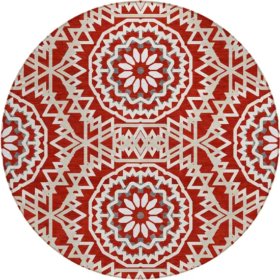 8' Red Beige And Ivory Round Floral Medallion Washable Indoor Outdoor Area Rug Photo 2