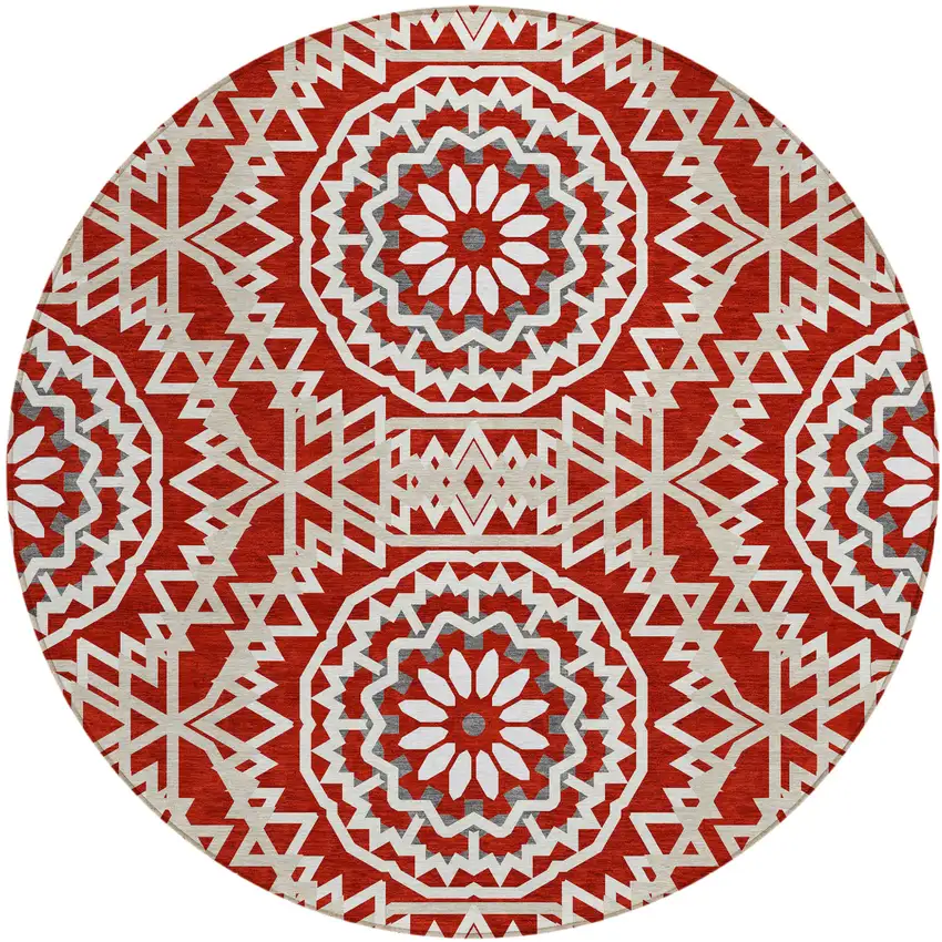 8' Red Beige And Ivory Round Floral Medallion Washable Indoor Outdoor Area Rug Photo 2