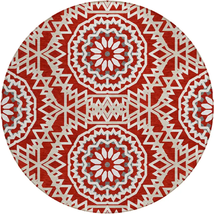 8' Red Beige And Ivory Round Floral Medallion Washable Indoor Outdoor Area Rug Photo 2