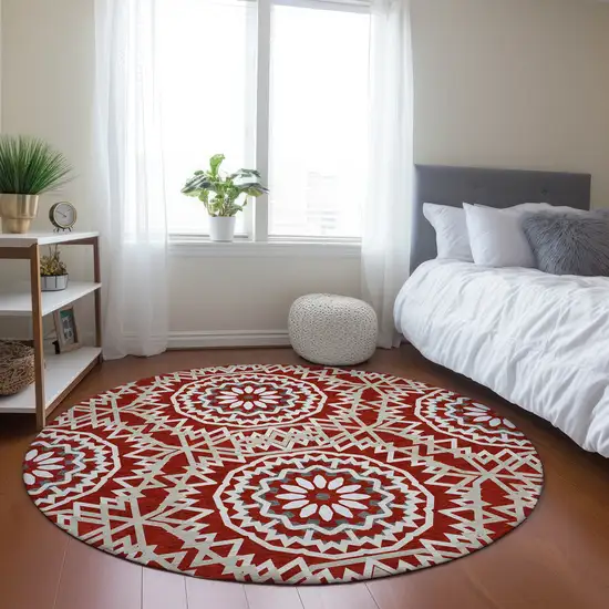8' Red Beige And Ivory Round Floral Medallion Washable Indoor Outdoor Area Rug Photo 7