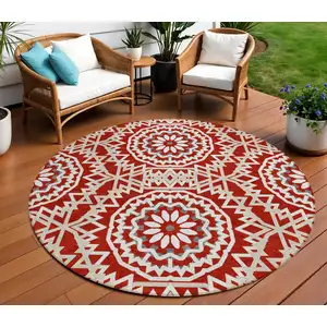 Photo of 8' Red Beige And Ivory Round Floral Medallion Washable Indoor Outdoor Area Rug