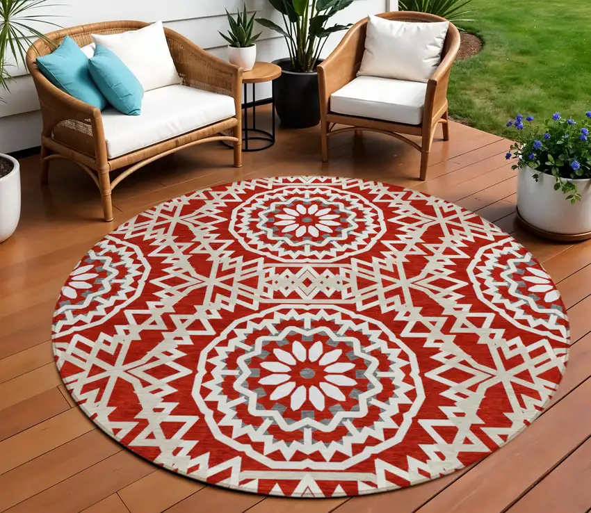 8' Red Beige And Ivory Round Floral Medallion Washable Indoor Outdoor Area Rug Photo 1