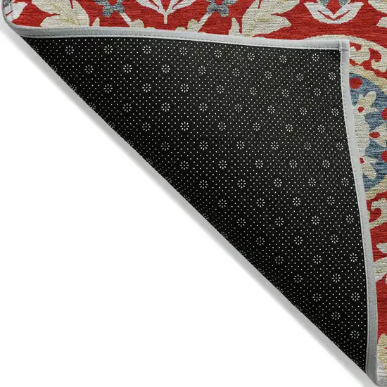 8' Red Beige And Navy Blue Round Floral Washable Indoor Outdoor Area Rug Photo 2