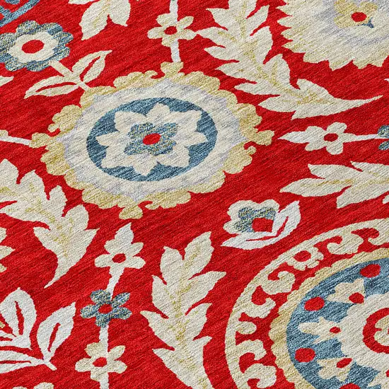 8' Red Beige And Navy Blue Round Floral Washable Indoor Outdoor Area Rug Photo 4