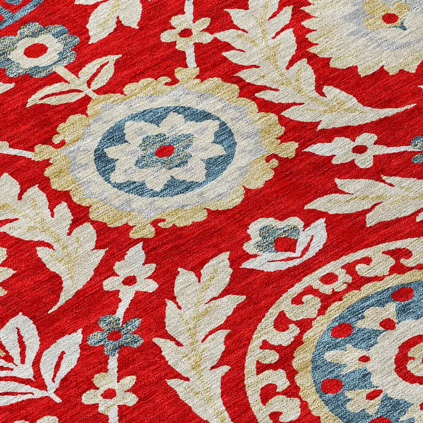 8' Red Beige And Navy Blue Round Floral Washable Indoor Outdoor Area Rug Photo 4