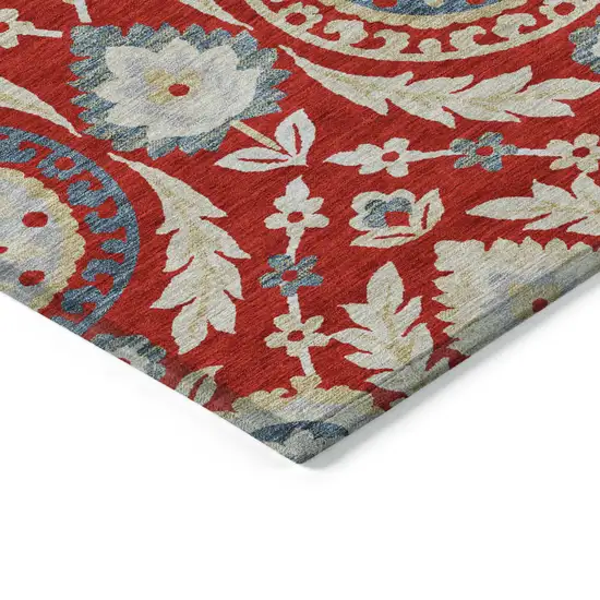 8' Red Beige And Navy Blue Round Floral Washable Indoor Outdoor Area Rug Photo 3