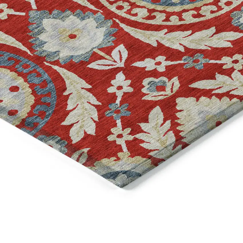 8' Red Beige And Navy Blue Round Floral Washable Indoor Outdoor Area Rug Photo 3