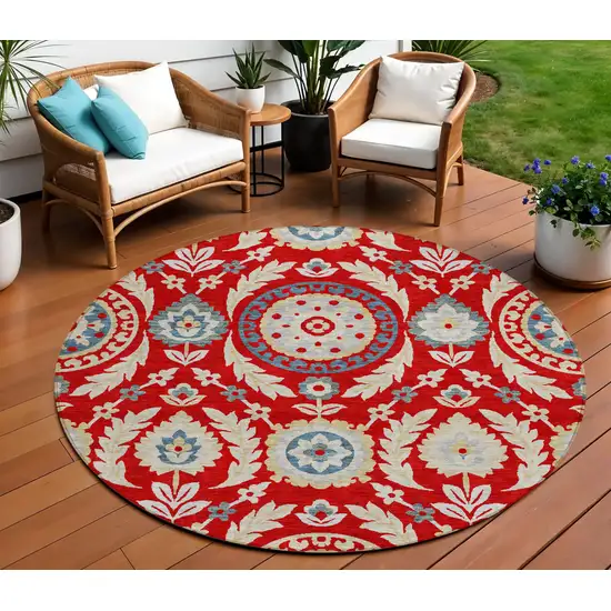 8' Red Beige And Navy Blue Round Floral Washable Indoor Outdoor Area Rug Photo 1
