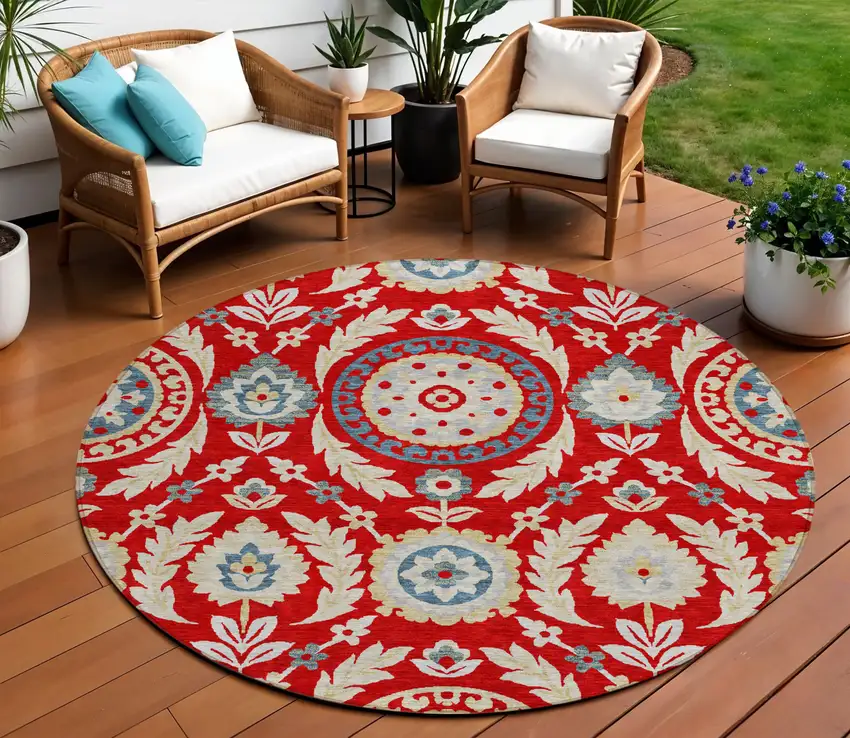 8' Red Beige And Navy Blue Round Floral Washable Indoor Outdoor Area Rug Photo 1