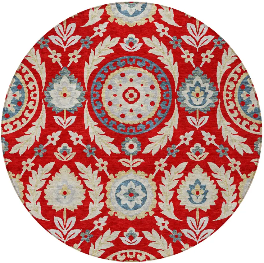 8' Red Beige And Navy Blue Round Floral Washable Indoor Outdoor Area Rug Photo 5