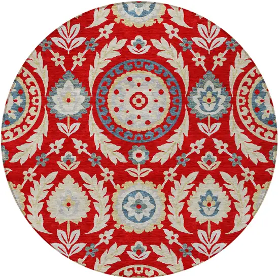 8' Red Beige And Navy Blue Round Floral Washable Indoor Outdoor Area Rug Photo 5