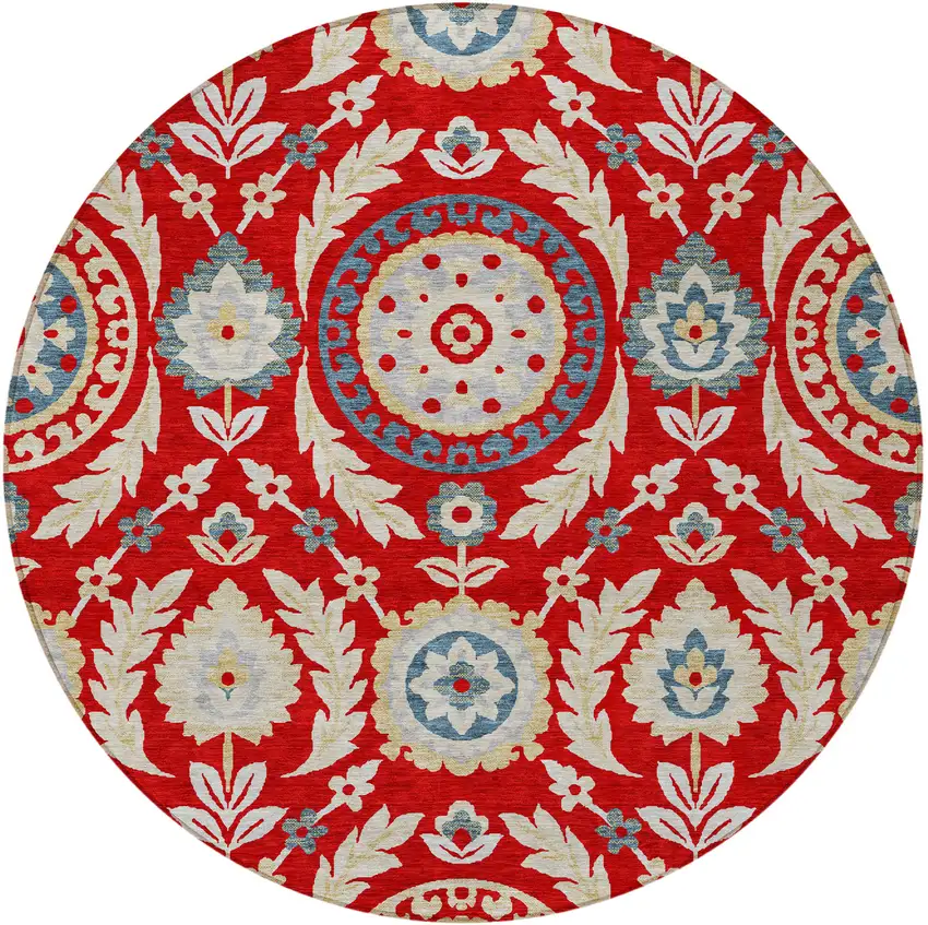 8' Red Beige And Navy Blue Round Floral Washable Indoor Outdoor Area Rug Photo 5