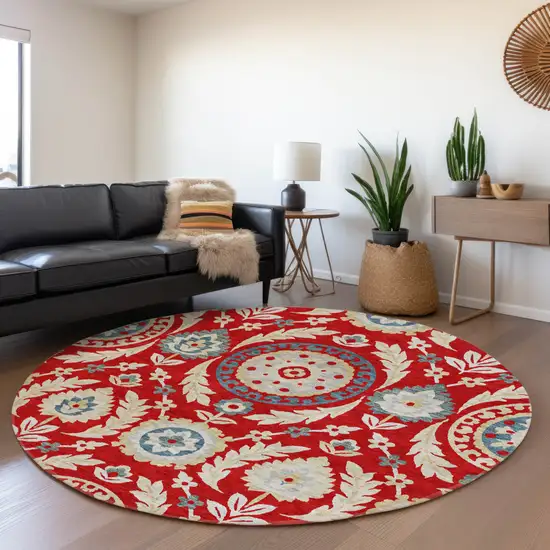 8' Red Beige And Navy Blue Round Floral Washable Indoor Outdoor Area Rug Photo 7