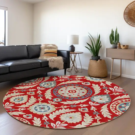 8' Red Beige And Navy Blue Round Floral Washable Indoor Outdoor Area Rug Photo 7